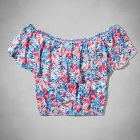 Abercrombie Kids Ruffle Off-the-Shoulder Crop Top in Blue Floral - Picture 1 of 9